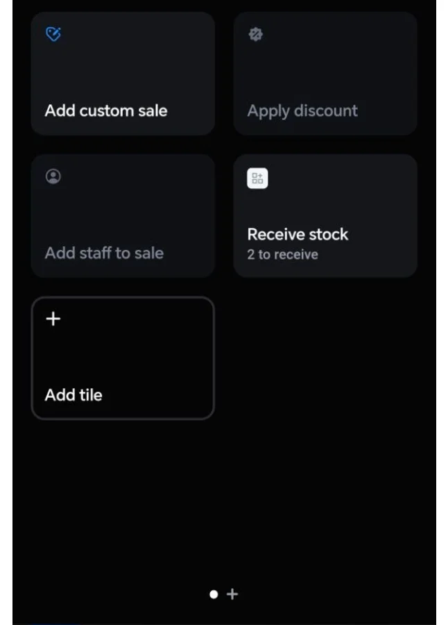 The Shopify POS smart grid on a store tablet with a Receive stock tile added, showing two deliveries waiting to be received.