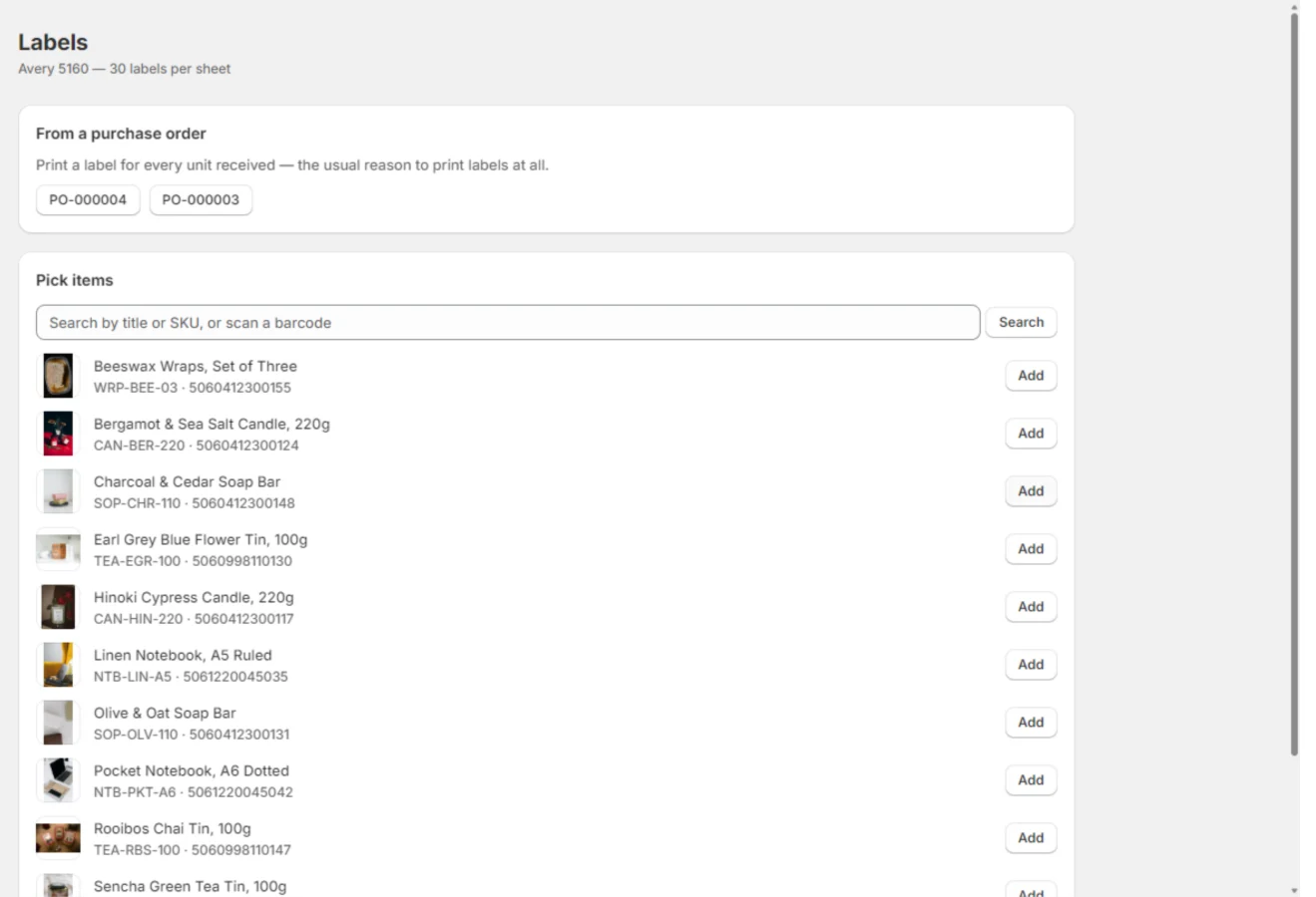 Restock’s label screen: Avery 5160 at 30 labels per sheet, with the option to print from a purchase order or pick items by title, SKU or barcode.